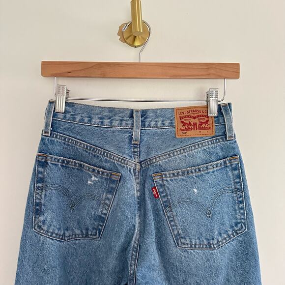 Levi's 501 Distressed High Rise Button-Fly Denim Straight Jeans Blue 24 - Picture 9 of 10